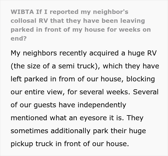 Woman Is Out Of Options After Huge RV Keeps Standing Parked In Front Of Her Home
