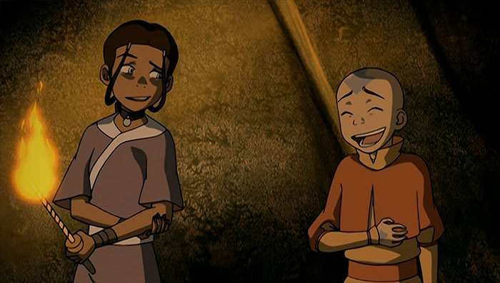 Aang and Katara laughing