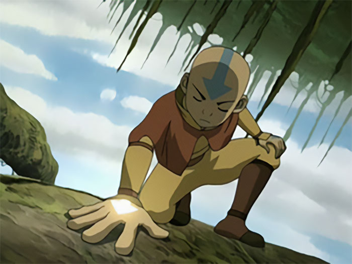 Aang using the banyan grove tree's connection