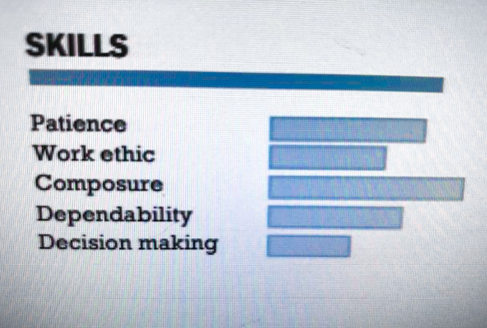 This Bar Graph In A Resume I Received Today. I Don't Even Know What To Say. He Should Have Included "Honesty" And Scored That Highly Too