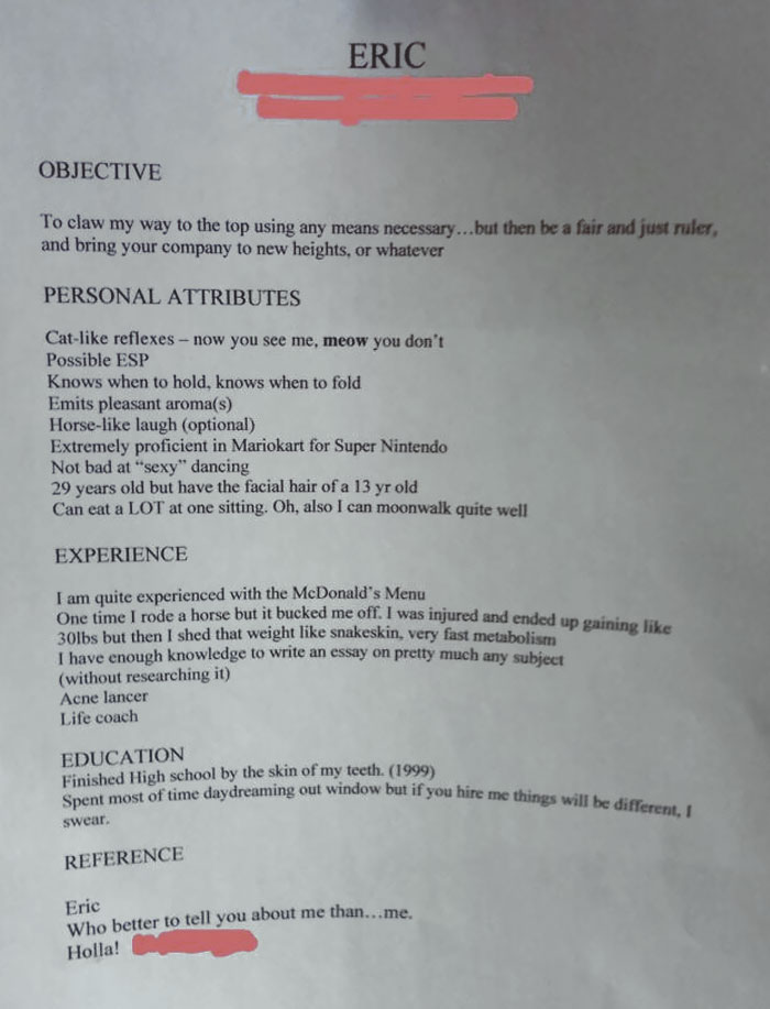 Some Guy Dropped This Resume Off At My Family's Restaurant Today