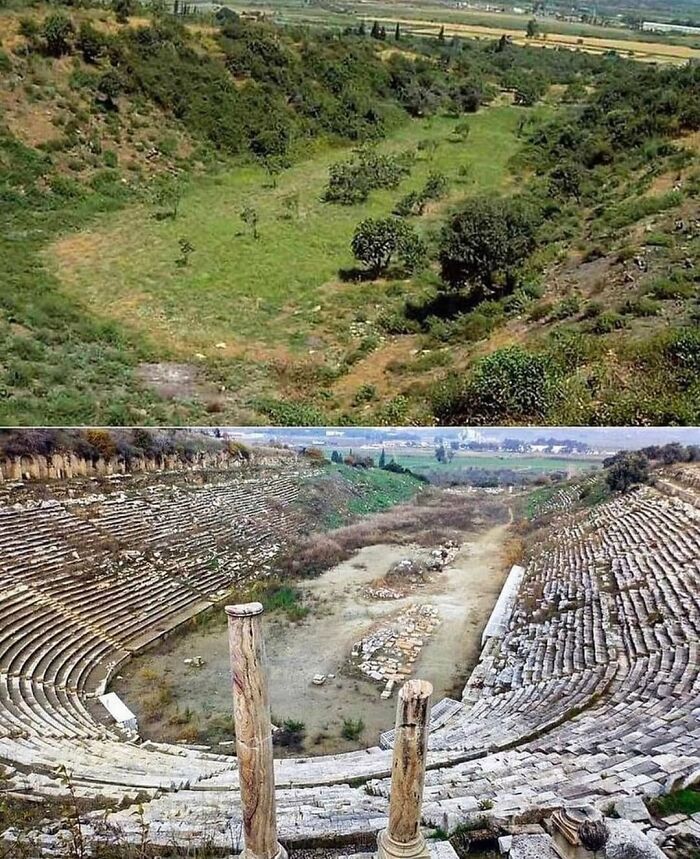 The Before And After Of The Excavation Of The Ancient Greek Stadium Of Magnesia Ad Maeandrum , Located In Modern Day Aydin , Turkey