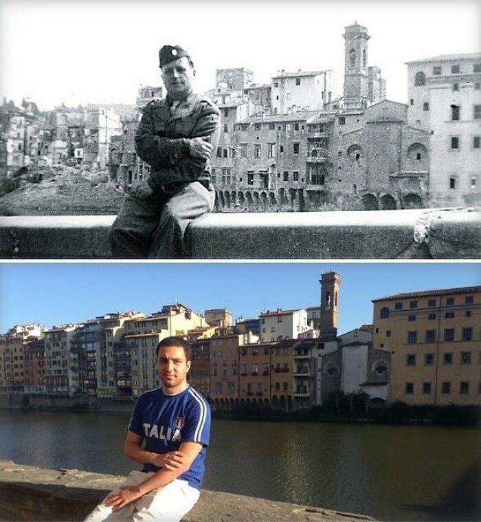 Hombre sentado en el mismo sitio que su bisabuelo en 1944, en Florencia, Italia
