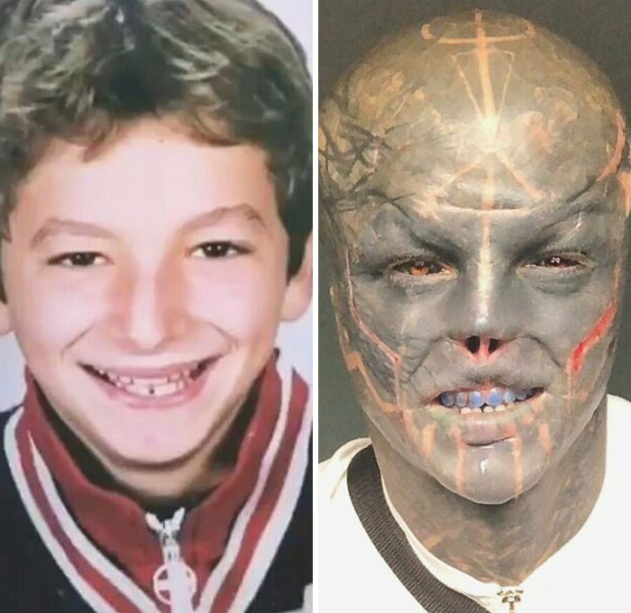 Childhood photo next to 35-year-old "Black Alien" with body modifications, highlighting personal transformation and judgment faced. Childhood photo next to 35-year-old "Black Alien" with body modifications, highlighting personal transformation and judgment faced.