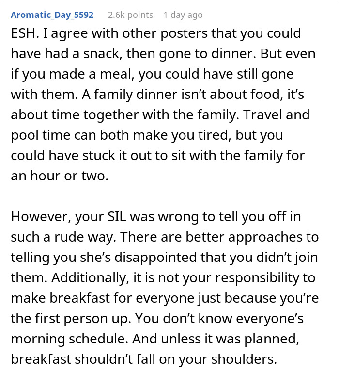 Woman Gets Grilled By SIL For Skipping Dinner And Not Making Breakfast For Them The Next Day