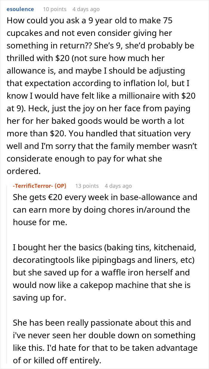 Relative Thinks 9-Year-Old “Shouldn’t Expect Payment” For 75 Cupcakes, Gets Called Out By Mom Relative Thinks 9-Year-Old “Shouldn’t Expect Payment” For 75 Cupcakes, Gets Called Out By Mom