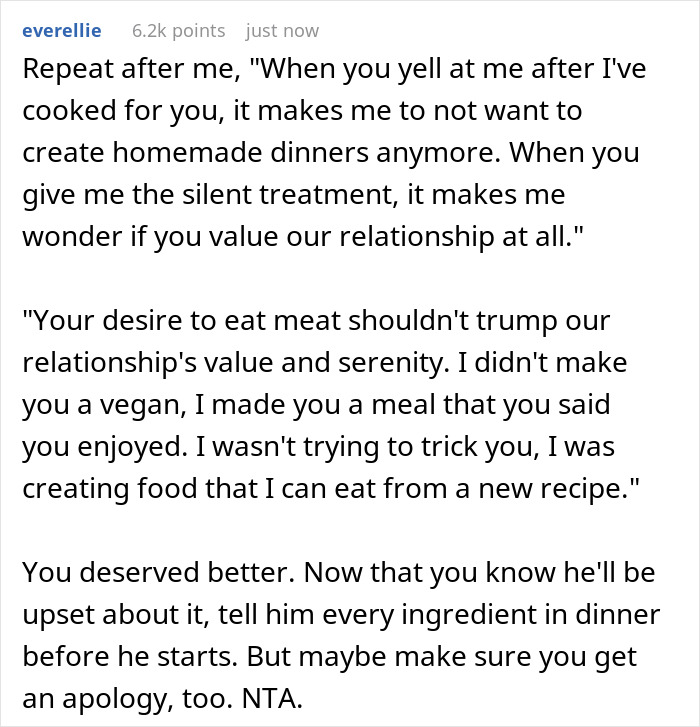 Husband Gets The Silent Treatment After Partner Finds Out The Dinner He Ate Was Vegan Husband Gets The Silent Treatment After Partner Finds Out The Dinner He Ate Was Vegan