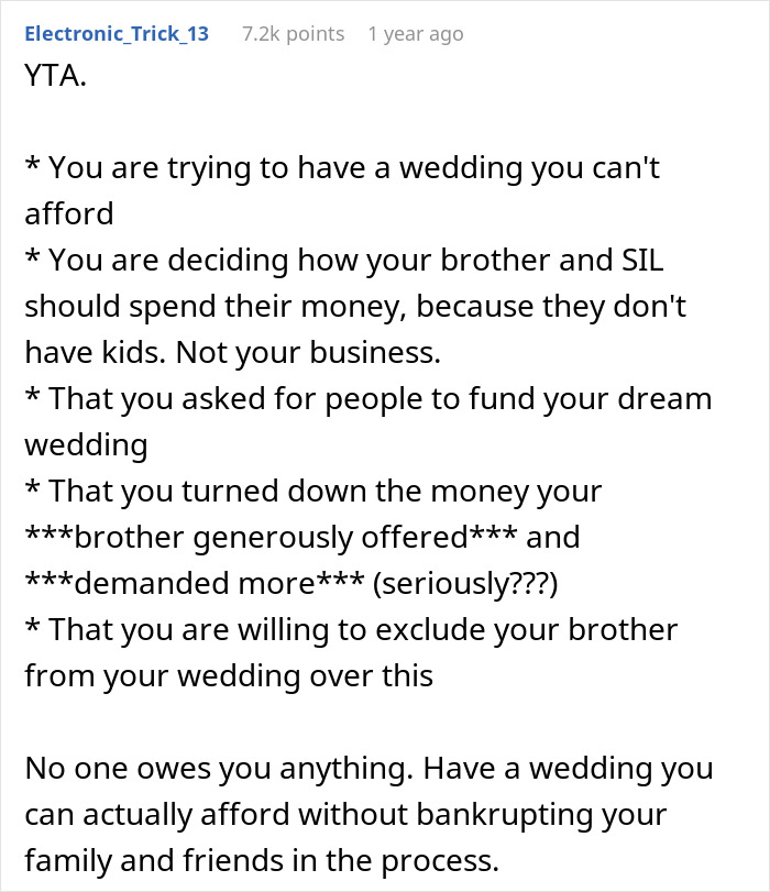 Arrogant Bride Slams Brother For Being Unwilling To Contribute $26K For Her 'Dream Wedding'
