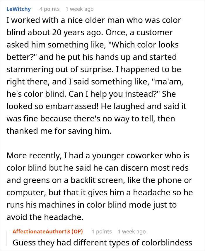 'Karen' Makes Fun Of Employee For Being Colorblind, He Makes Sure She Regrets It 'Karen' Makes Fun Of Employee For Being Colorblind, He Makes Sure She Regrets It