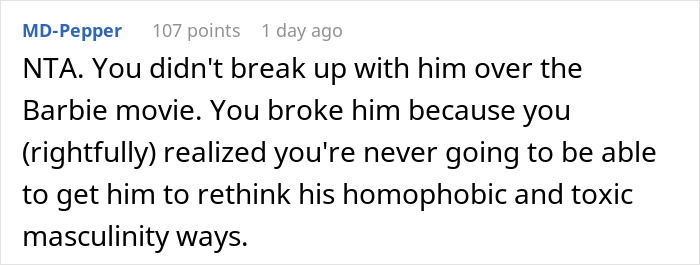 Woman Dumps Boyfriend Over His Bigoted Reaction To Barbie Movie Woman Dumps Boyfriend Over His Bigoted Reaction To Barbie Movie