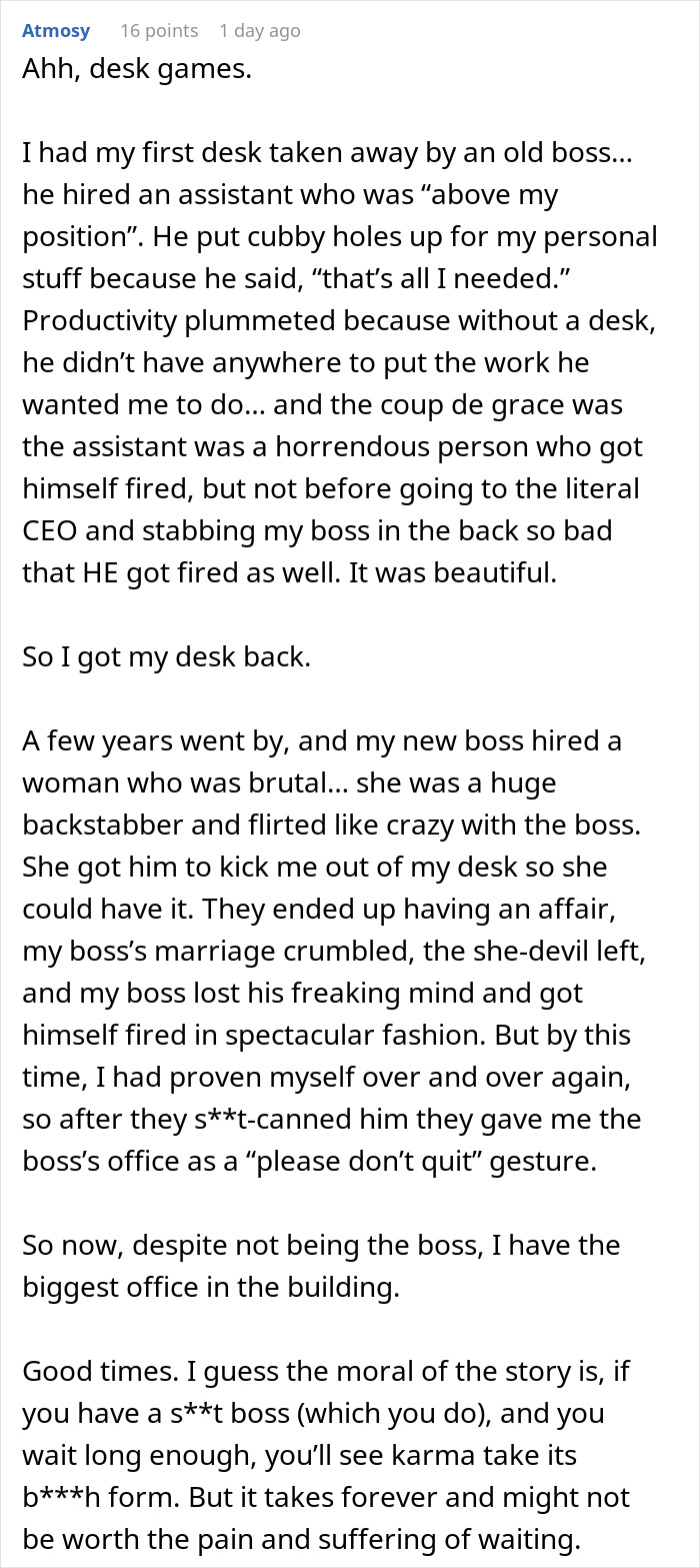 Worker Realizes How Lowly They’re Regarded After Getting Humiliated Over A Better Office Desk Worker Realizes How Lowly They’re Regarded After Getting Humiliated Over A Better Office Desk