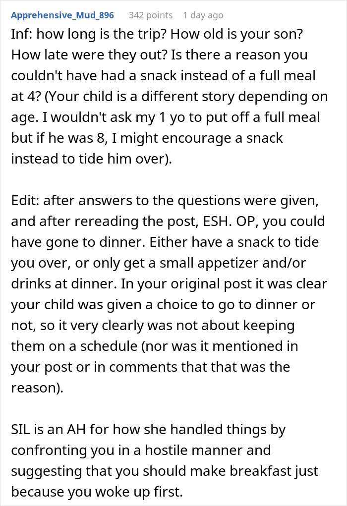Woman Gets Grilled By SIL For Skipping Dinner And Not Making Breakfast For Them The Next Day
