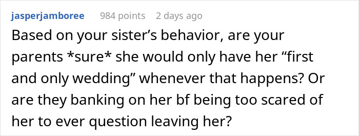 “Sister Wants My Wedding Because It Doesn’t Count As I’m Gay” “Sister Wants My Wedding Because It Doesn’t Count As I’m Gay”