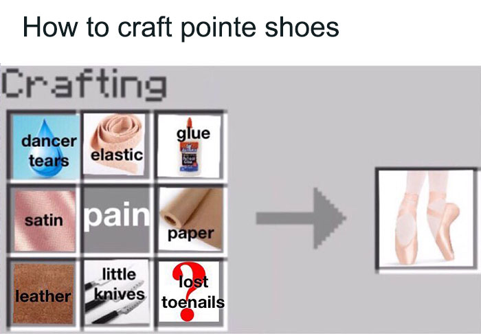 Minecraft crafting table meme for pointe shoes, using dancer tears, elastic, glue, satin labeled elements.
