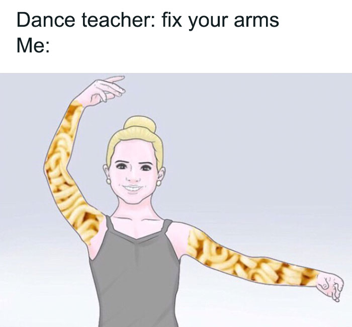 Dancer with noodle arms meme, humorously depicting dance struggles.