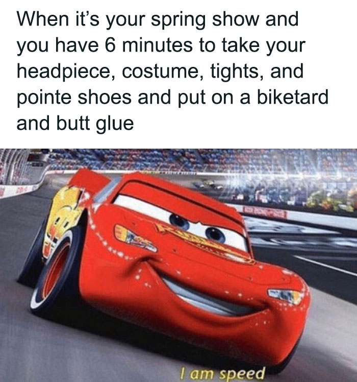 Lightning McQueen meme depicting fast costume changes, relating to dance memes and quick outfit adjustments.