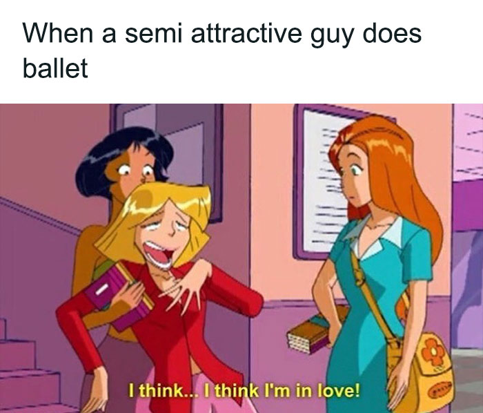 Clover from Totally Spies faints over a guy, humorous dance meme.