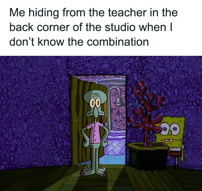 SpongeBob hiding from Squidward in a funny dance meme.