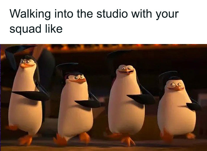 Penguins strutting confidently, illustrating a dance meme about walking into the studio with your squad.