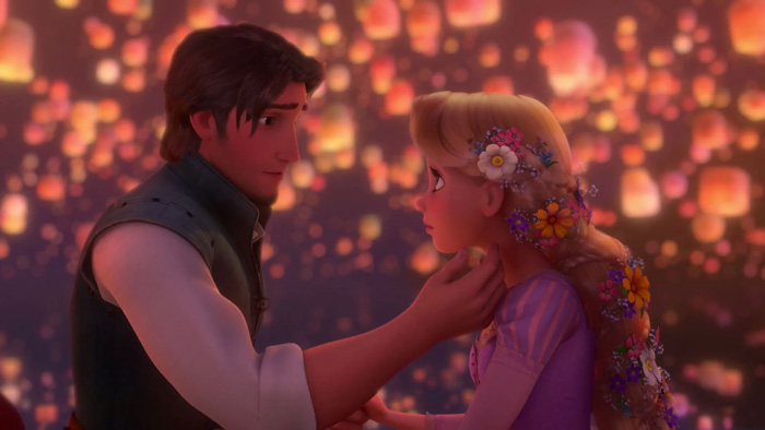 Rapunzel with Flynn Rider in the background of lanterns