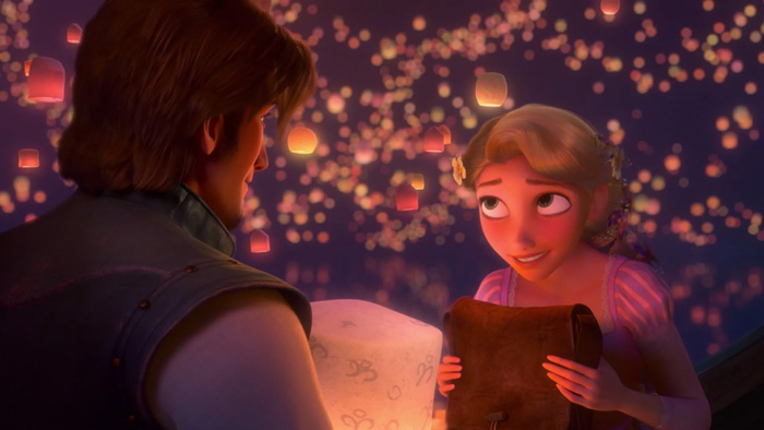 Rapunzel and Flynn Rider in the background of lanterns