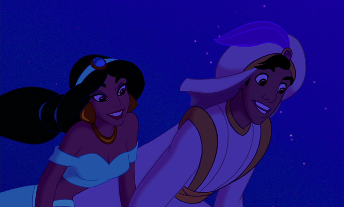 Jasmine and Aladdin smiling 
