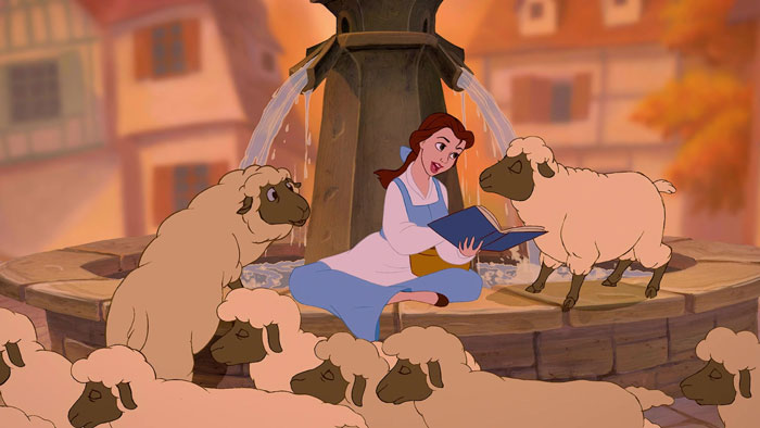 Belle reading a book alongside with sheeps