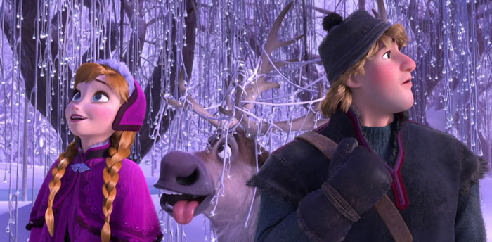 Anna, deer Sven and Kristoff in a forest