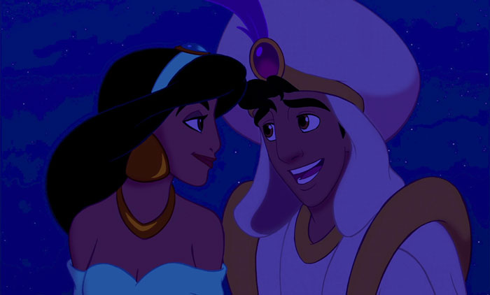 Jasmine and Aladdin looking at each other 