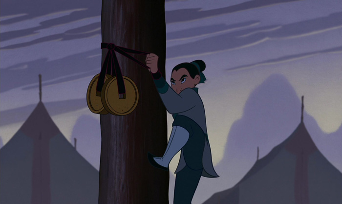 Mulan climbing a wooden pole