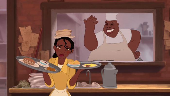 Tiana looking exhausted in a kitchen