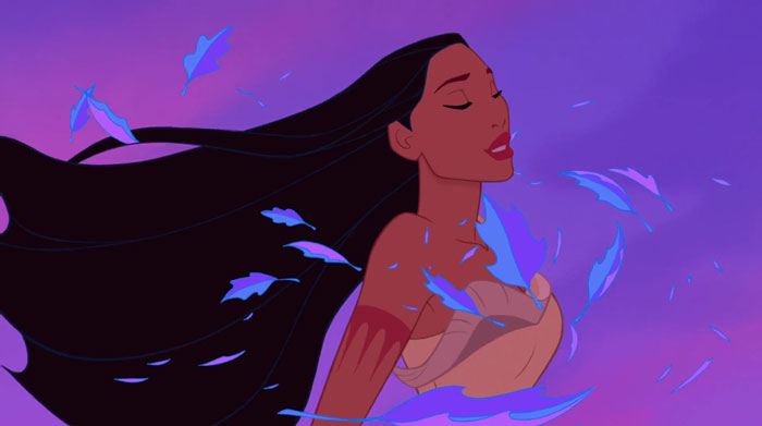 Pocahontas in the background of a purple sky