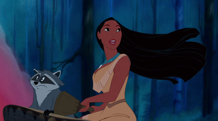 Pocahontas looking happy with her racoon Meeko 