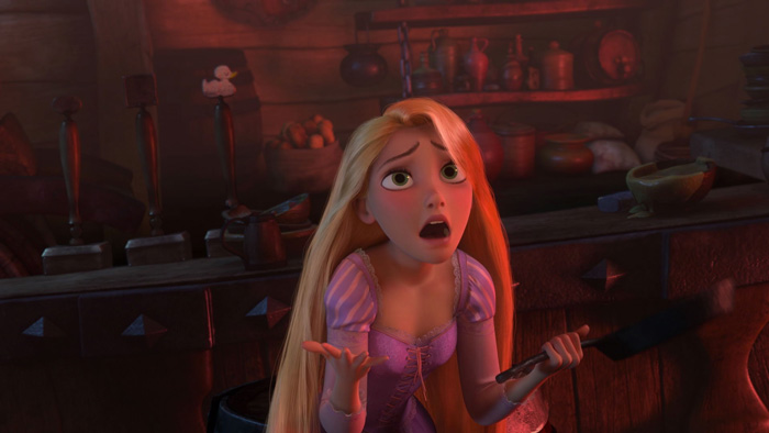 Rapunzel holding a pan