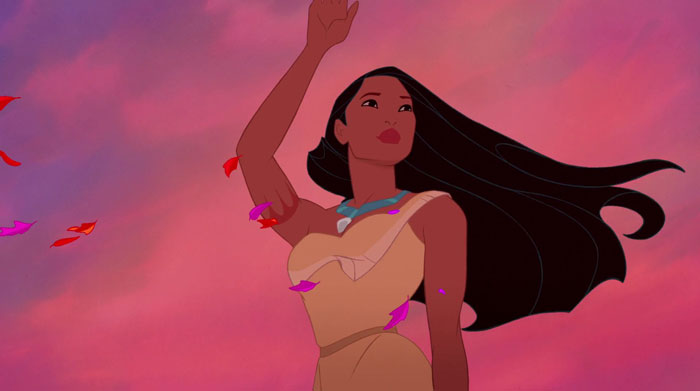 Pocahontas waving and looking in to the distance 