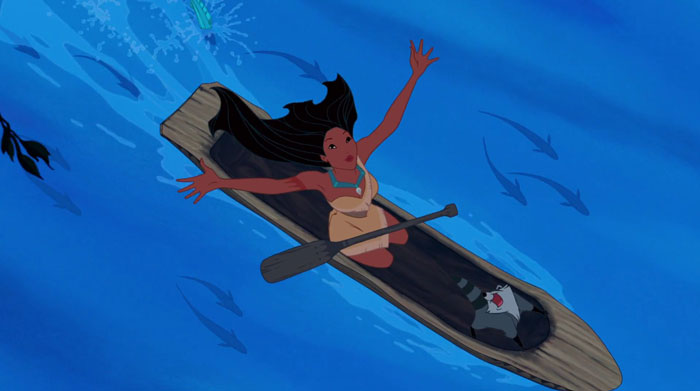 Pocahontas with her pet raccoon Meeko swimming in a kayak 