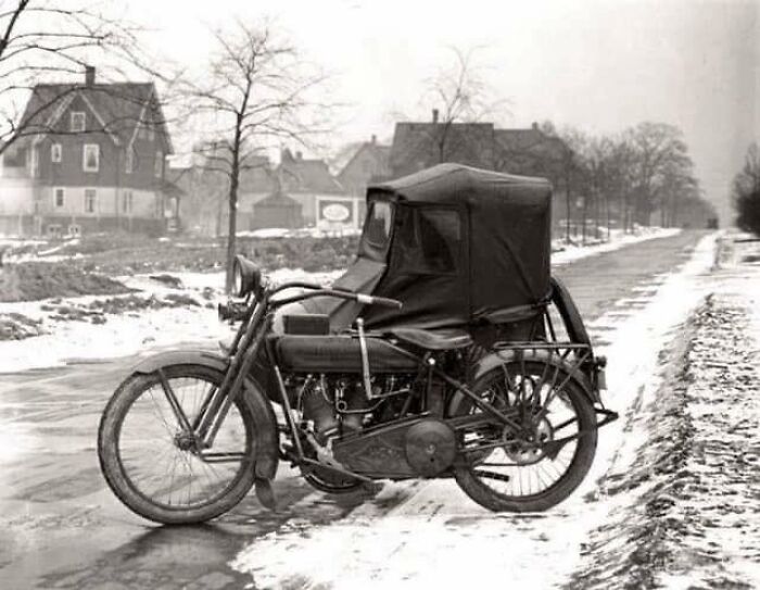 A 1920s Harley Davidson With Covered Sidecar
