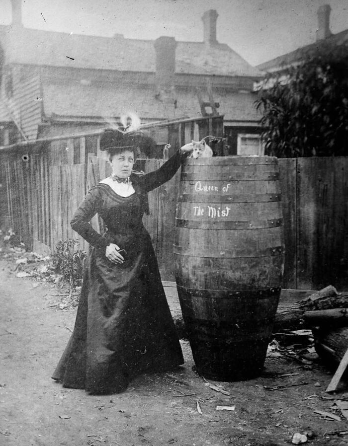 Annie Edson Taylor Poses With Her Cat And The Barrel She Rode Over The Falls, 1901