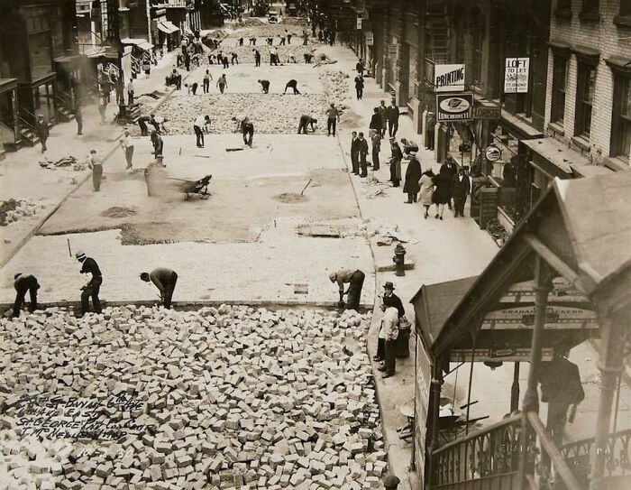 Workers Laying Bricks To Pave 28th Street In Manhattan, 1930