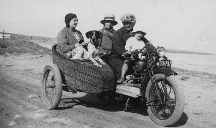 A Family On A Motorcycle With A Sidecar On The Beach In Morocco, 1936