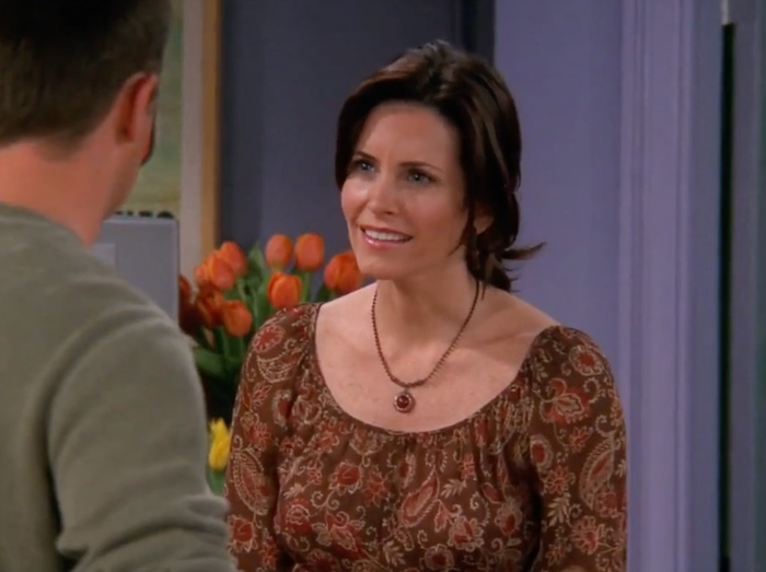 Monica looks confused while talking with Chandler 