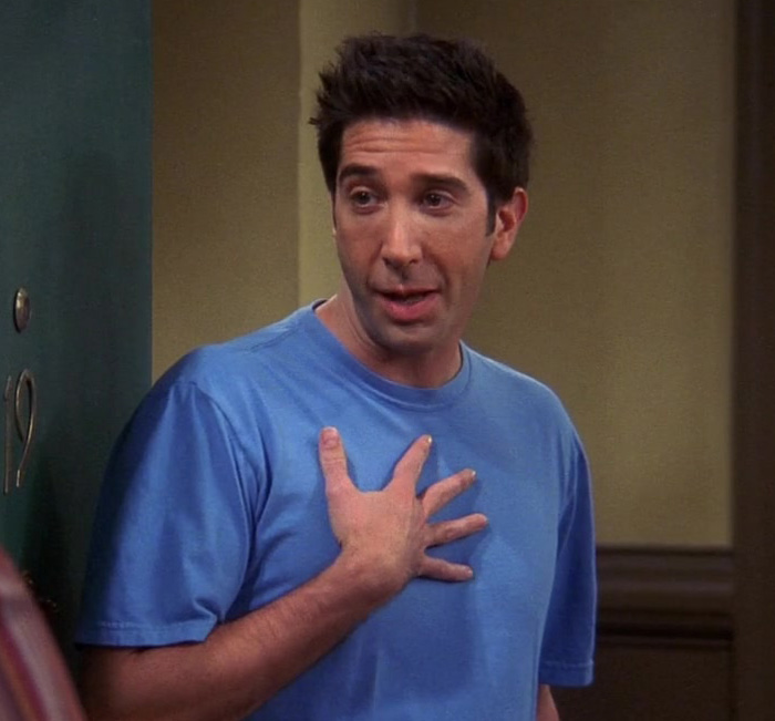 Ross wearing blue T-shirt looking fine 