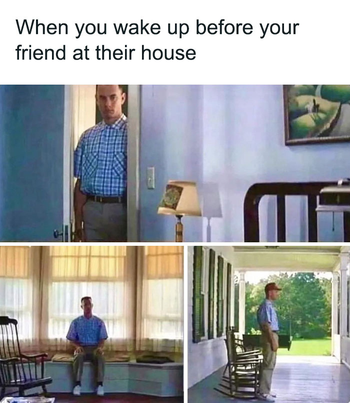 Man awkwardly waiting in different spots at a friend's house, illustrating a typical friendship meme scenario.