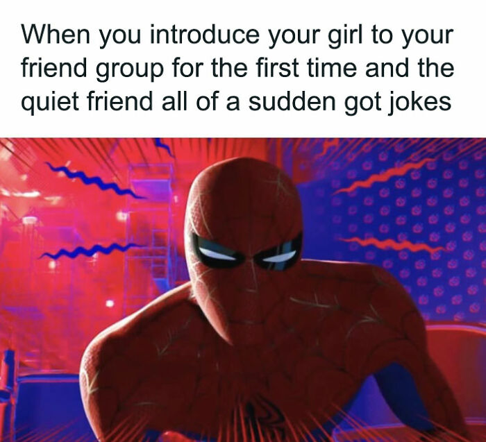 Spider-Man meme about a quiet friend making jokes during a group introduction, highlighting friendship humor.