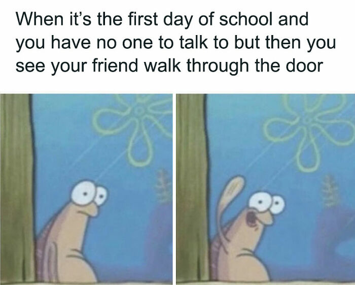 Cartoon character looking surprised then happy, capturing the essence of friendship memes.