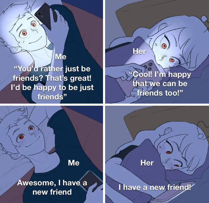 Cartoon of two friends texting at night, both happy about being friends, showcasing humorous friendship memes.