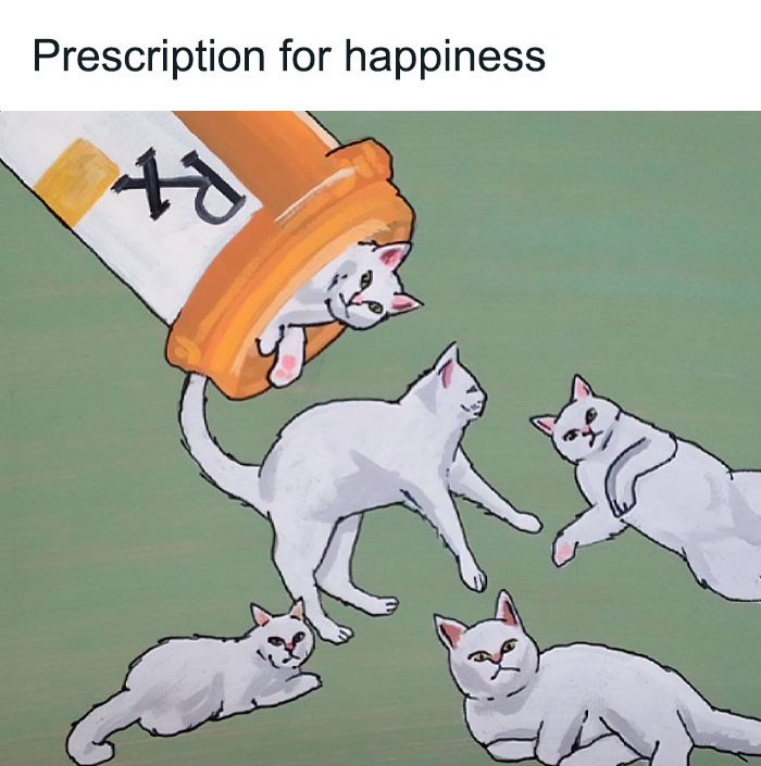 Five funny cats spilling from a giant prescription bottle, portraying humor and happiness.