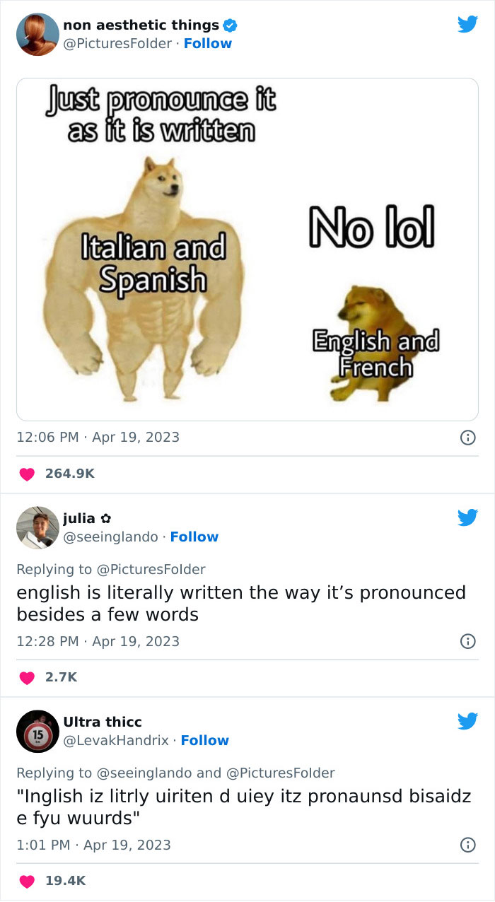 Educational memes comparing pronunciation in Italian, Spanish, English, and French languages with humorous text.