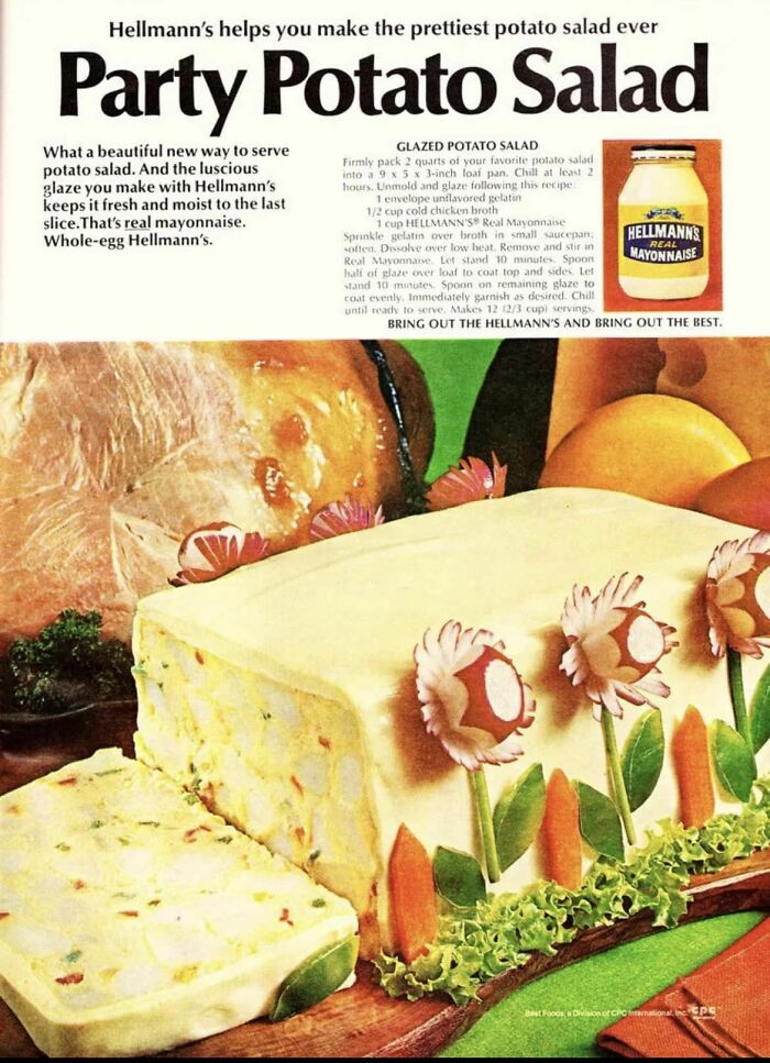 Todays Vintage Recipe - Party Potato Salad By Hellmann's. You Make Your Own Potato Salad, Set It In A Mold To Shape..and Then Make A Mayo “ Luscious Glaze” To Coat It
