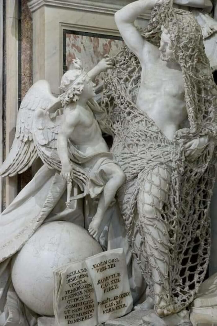 This 18th Century Sculpture Called Disillusion, Which Includes An Intricate Net Carved From A Single Block Of Marble, Was Created By Francesco Queirolo Without Assistance, Since No Apprentice Would Touch It For Fear Of The Delicate Net Crumbling In Their Hands. It Took Him Seven Years. Amazing